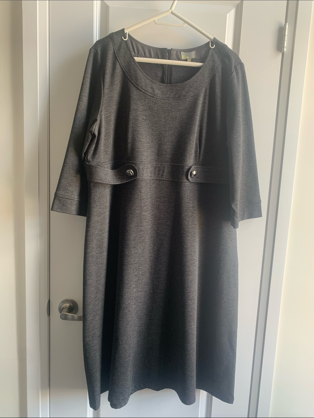 Classic Grey Midi Dress with Decorative Waist Tabs & Silver Buttons